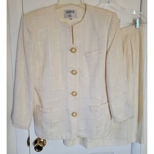 VNTG Kasper For ASL Skirt Suit SZ 10 Jkt 12 Skirt Ivory Windowpane Pockets AS IS